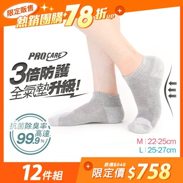 【12雙組-團購】抑菌全氣墊除臭襪-船襪