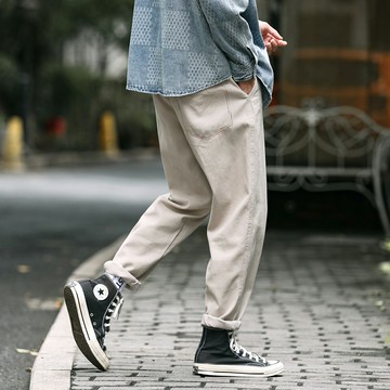 墨默日系復古簡約工裝褲男潮牌直筒寬松痞帥輯明線口袋休閑九分褲