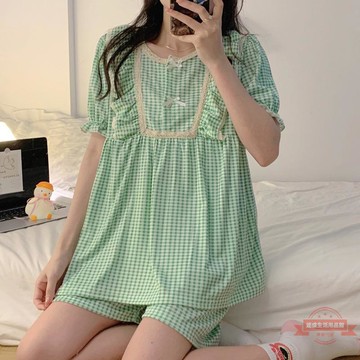 ins風格子睡衣女短袖短褲可外穿休閑甜美可愛蕾絲花邊家居服套裝