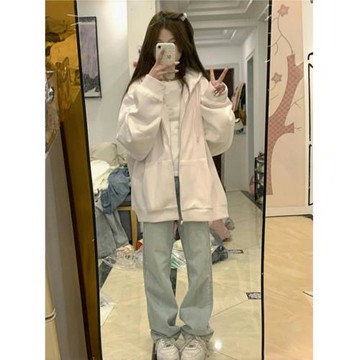 粉色連帽衛衣外套春秋女寬松慵懶風2025新款oversize拉鏈開衫上衣