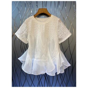 荷葉邊鏤空刺繡襯衫女2025夏新款設計感小眾別致法式氣質短袖上衣