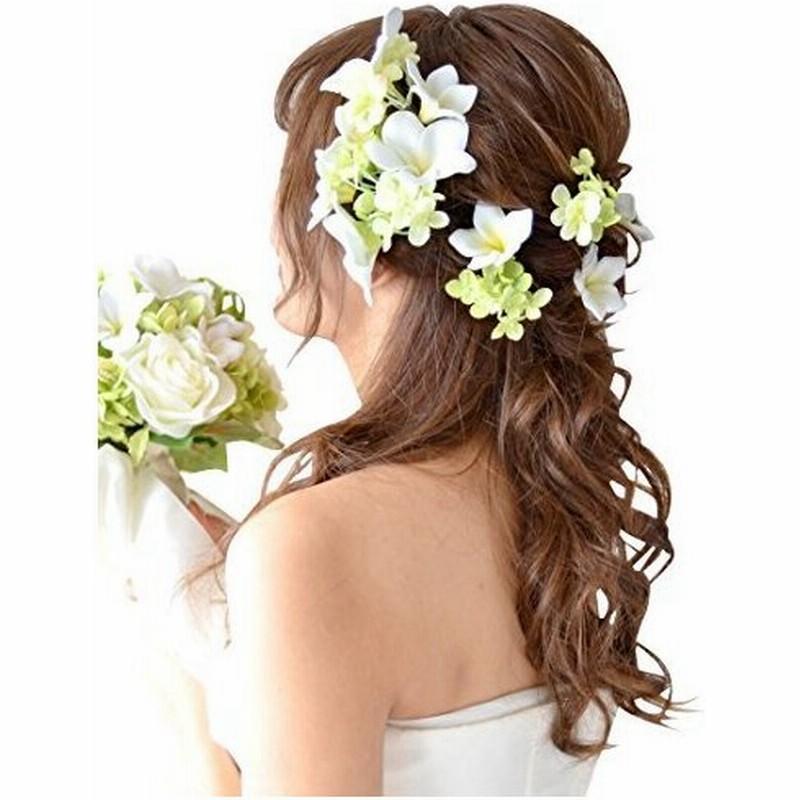 ミュゼ 花嫁 ウェディング フラワー ヘッドドレス アレンジ自在 髪飾り 造花 プルメリアとグリーンあじさ 通販 Lineポイント最大get Lineショッピング