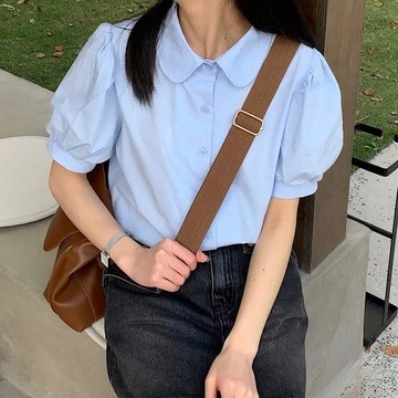 台灣出貨 夏日系小清新甜美泡泡短袖娃娃領襯衫女學生學院風百搭設計感 短袖襯衫 襯衣女 法式襯衫 短袖女 設計感上衣