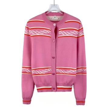 (S) hermes質感羊毛條紋長袖針織開襟粉色外套