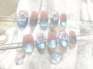 【Z】微光花語 - 粉藍法式穿戴甲 XS碼 1.9 短橢圓
