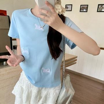 220克短袖t恤夏2026刺繡正肩修身短款圓領上衣韓版女裝短袖上衣 短款上衣 體恤 氣質顯瘦 寬鬆百搭上衣 半袖上衣 女