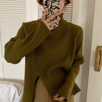 濮院-韓係高領毛衣女韓版秋冬季長袖上衣設計感小衆複古開叉內搭針織衫