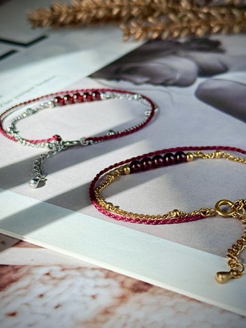 浪漫微醺慶祝酒紅  紅石榴石蠟繩手環 - 醫療鋼/紅石榴石