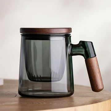 【良品舎】全館免運 開發票 保售後 茶壺 茶具 玻璃壺 透黑玻璃花茶泡茶杯側木把手帶竹蓋玻璃茶水分離三件杯喝水杯