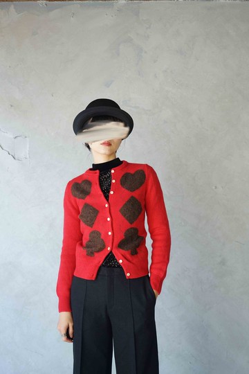 尋寶古著-黑桃紅心撲克牌紅色薄針織外套