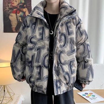 燈芯絨棉衣男士冬季潮流字母滿印棉襖外套寬松情侶立領休閑面包服