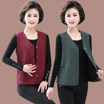 春秋薄款中老年人馬甲女短款寬松大碼媽媽裝針織馬夾背心坎肩外套