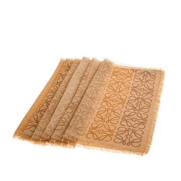 LOEWE 羅威 新款滿版Anagram 圖案羊毛絲質羊絨混紡線條圍巾 (焦糖色)