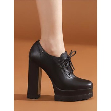 真皮超高跟鞋女2025新款粗跟系帶皮鞋女防水臺厚底不累腳深口單鞋