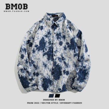 BMOB扎染長袖襯衫男春秋季潮牌美式hiphop設計感小眾痞帥襯衣外套