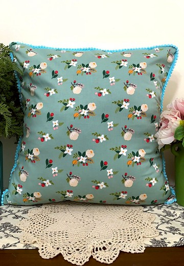 北歐田園風格綠色花花天藍色小毛球圖案抱枕靠枕靠墊枕套