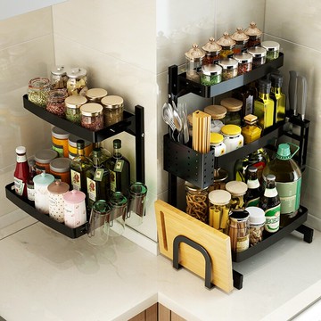 廚房置物架不銹鋼刀架家用多功能用品架子黑色調味品調料架收納架