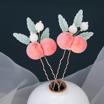 漢服頭飾可愛蜜桃發簪古風發飾珍珠編織飾品兒童發釵簪子古裝配飾