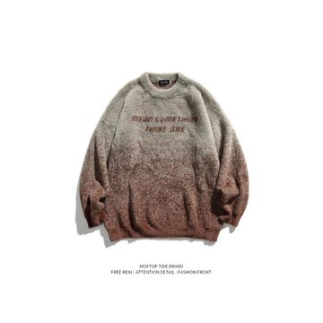 WHXS秋冬復古重磅仿貂毛漸變字母毛衣男潮牌bf慵懶風情侶毛衣