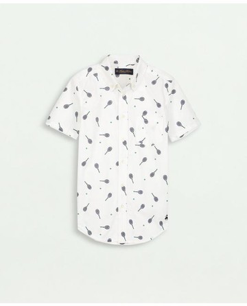 Brooks Brothers Boys Tennis Print Sport Shirt | White | Size 12