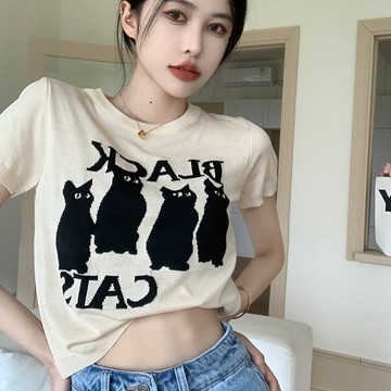 韓版甜酷風寬鬆貓咪針織上衣【T518】
