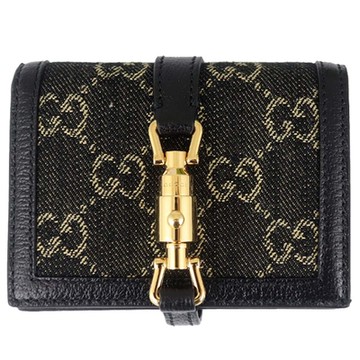 GUCCI 古馳  Jackie 牛仔布藍黑色皮邊名片式短夾