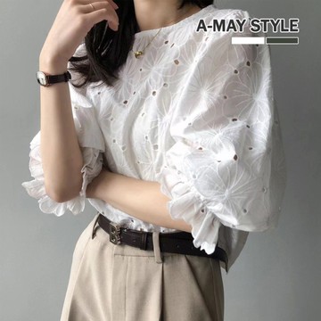 T恤 甜美泡泡袖鏤空鈎花上衣(M-L)