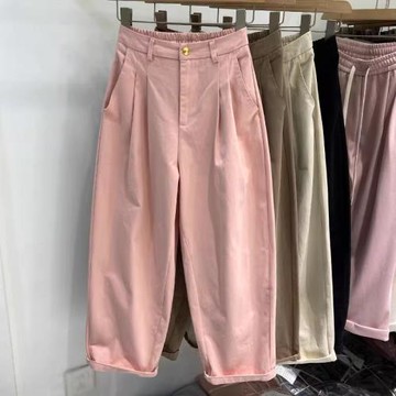 大碼女褲胖mm顯瘦粉色休閑哈倫褲女早春2025新款今年流行爆款春秋
