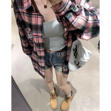 【Nico】臺灣熱銷🔥復古港味粉色格子長袖襯衫薄款女春秋季新款小個子襯衣外套