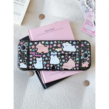 任天堂SwitchOLED保護殼透黑硬殼NS續航版可插底座殼 星星小狗