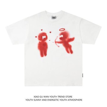 小古萬美式搞怪模糊卡通印花短袖t恤男潮牌寬松重磅純棉情侶tee