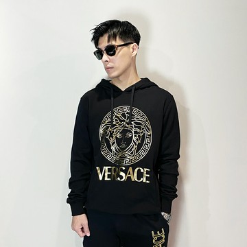 美國百分百【全新真品】Versace Jeans 凡賽斯 連帽上衣 毛巾布 棉質 VJ 帽T logo 黑色 DB96