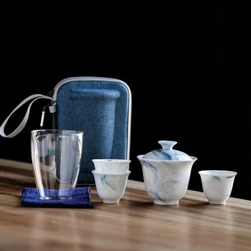 便攜式白瓷旅行茶具套裝便攜包功夫茶具收納包陶瓷小套蓋碗 戶外