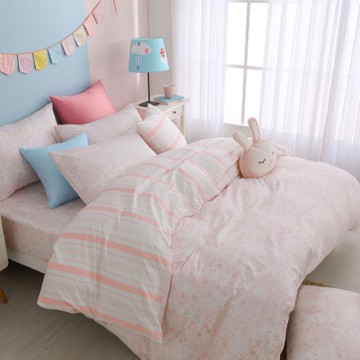 鴻宇 100%精梳棉 美國棉300織 60支 眠眠兔粉 雙人四件式薄被套床包組