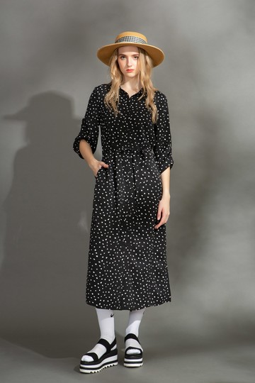 MW 翻領開釦雪紡印花綁帶長洋裝