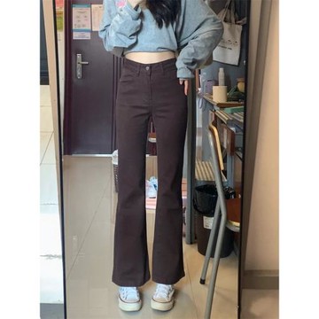 棕色微喇牛仔褲女春季新款高腰大碼胖mm彈力顯瘦梨形身材九分褲子