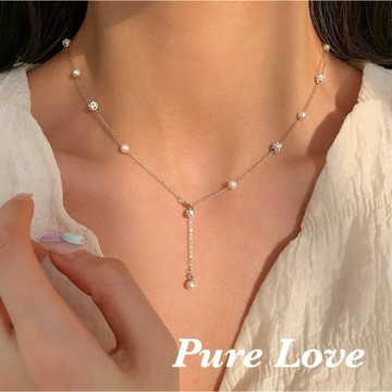 Pure Love樂芙 / 正韓 銀飾【S925純銀】N0776簡約通體純銀項鍊滿鑽小圓珠珍珠鎖骨鏈 短項鏈 / 銀