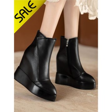 12cm內增高黑色小短靴2025秋冬新款小個子厚底超高跟及踝靴真皮女