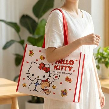 【三麗鷗】編織購物袋 凱蒂貓抱熊熊