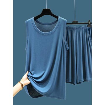 男士家居服套裝夏薄款大碼莫代爾背心短褲運動休閑兩件套寬松睡衣