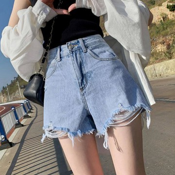 【佈小九】牛仔短褲女 毛邊寬鬆闊腿熱褲潮 夏季高腰顯瘦百搭韓版新款破洞寬鬆闊腿ins 學生a字熱褲