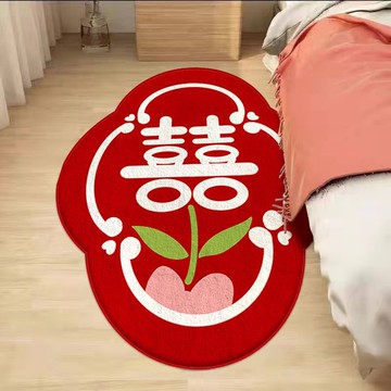楓林宜居 紅色地毯喜字結婚中式婚房裝飾地墊臥室床邊毯入戶門地墊防滑加厚