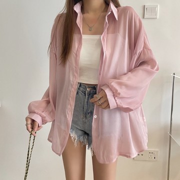 La Belleza透視感珠光薄款素色燈籠袖排釦光澤感雪紡襯衫防曬罩衫外套