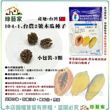 【綠藝家】I04-1.台農2號木瓜種子3顆 中早生 株形中高 兩性果長型 雌性果橢圓形 肉質細緻 糖度12度