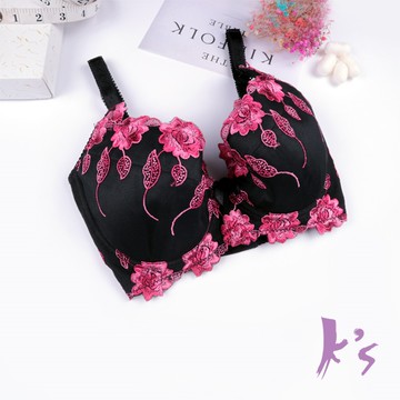 有氧蠶絲甜美花刺繡深V包覆黑色內衣B7701款