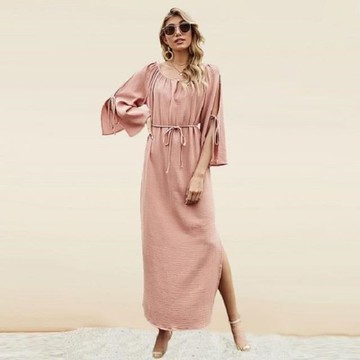 《D'Fina 時尚女裝》 端莊風格 波西米亞開叉長裙高腰素色洋裝