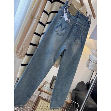 秋季款大碼女裝口袋刺繡九分直筒彈力牛仔褲梨形身材設計感煙管褲