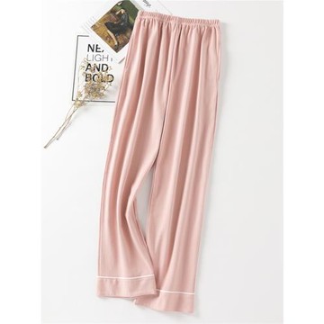 秋冬季純棉睡褲女長褲高腰加長款純色捆邊休閑家居褲深檔寬松外穿