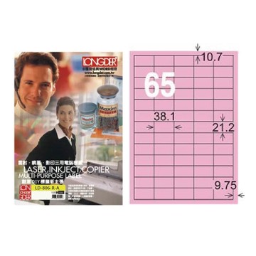 【龍德】LONGDER 三用電腦標籤 A4 65格 21.2*38.1mm粉紅105張 3盒/組 LD-806-R-A(適用雷射、噴墨、影印)