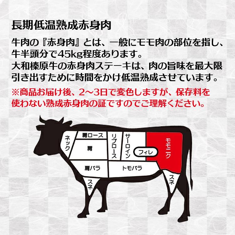 お歳暮 ギフト ステーキ 肉 牛肉 黒毛和牛 大和榛原牛 A5 長期低温熟成 赤身モモ 肉 ステーキ 化粧箱入 100g×2枚 内祝い 御礼 プレゼント 送料無料 冷凍便